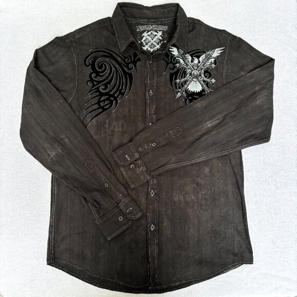 Xtreme Couture Men’s Distressed Black Button-Front Long Sleeve Biker Shirt L - Picture 2 of 8